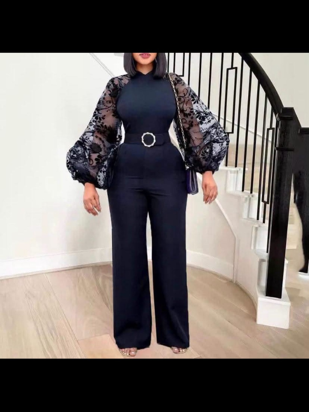 Black Sheer-Sleeve Wide Leg Jumpsuit with Statement Belt